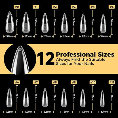 UNA GELLA Long Stiletto Gel Nail Tips, 600Pcs Pre Etched Long Stiletto Almond Nail Tips Clear Fake Nails Press on Nails No C Curve for DIY Christmas Art Salon at Home 12 Sizes