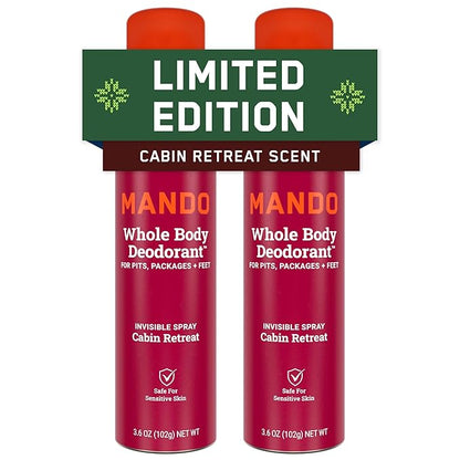 Mando Whole Body Deodorant For Men - Invisible Spray Deodorant - 72 Hour Odor Control - Low Irritation Formula - Aluminum Free, Benzene Free - 3.6 ounce Cans (Pack of 2) - Cabin Retreat
