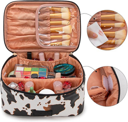 Montana West X Wrangler Travel Makeup Bag 2pcs Set Large Cosmetic Bag with Makeup Brush Holder Portable Make Up Organizer Cute Toiletry Bag with Divider and Handle for Women Cow Black