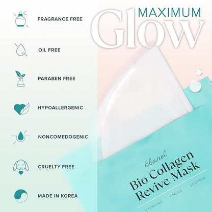 Ebanel Bio Collagen Face Mask, 4-Pack Hydrating Face Masks with 7 Peptides, Hyaluronic Acid, Niacinamide, Centella, Rose Water, Ceramide, and B5, Glass Skin Tightening and Lifting Korean Sheet Masks