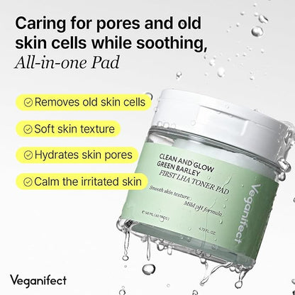 LHA Toner Pad, Mild Exfoliating Facial Pads for Glass Skin, Hydrating, Ideal for All Skin Types, Korean Skin Care, Vegan (60 Pads)