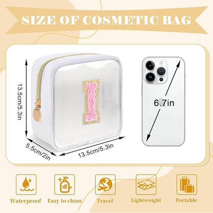 Personalized Initial Letter Clear Preppy Makeup Bag,Mini Nylon Chenille Letter Cosmetic Bag Cute Zipper Pouch Purse for Teen Girls,Portable TSA Approved Beach Travel Essentials Bag Gift for Women,I