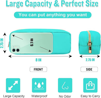 izuzta Nylon Small Makeup Bag Slim Pouch, Preppy Cute Makeup Brush Case Bag Cosmetic Zipper Pouch for Purse, Waterproof Travel Toiletry Bag Clutch Coin Pouch Makeup Organizer for Women Girls(Mint)