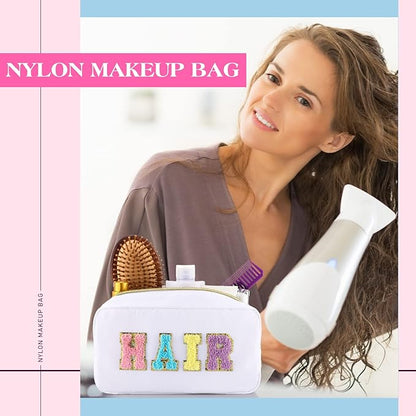 Cunno 4 Pcs Preppy Makeup Bags Chenille Letter Stuff Bag Nylon Cosmetic Pouch Cases with Zipper for Women Travel Toiletry