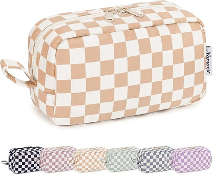 Narwey Checkered Makeup Bag Travel Cosmetic Bag Organizer Small Toiletry Bag Make Up Bags with Organized Pockets for Women (Light Checkerboard, Large)