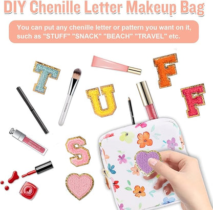 Nylon Mini Floral Makeup Bag for Purse, Small Cute Makeup Bag Preppy Flower Cosmetic Zipper Pouch, Waterproof Travel Set Coin Pouch Sanitary Napkin Storage Bag Makeup Organizer for Women(White-Flower)
