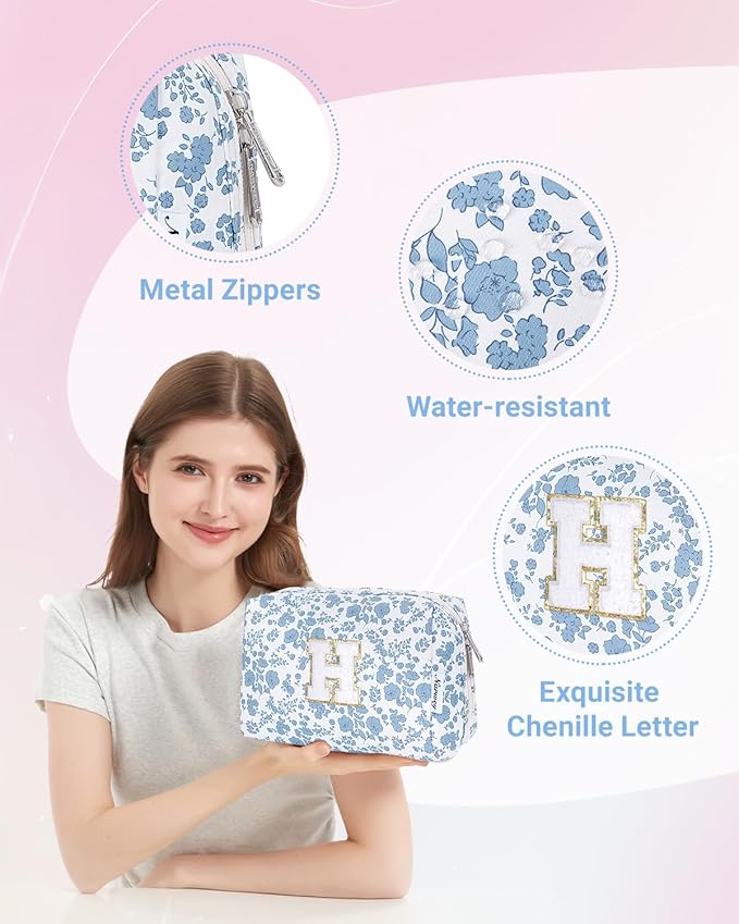 Narwey Birthday Gifts for Teen Girls Kids Women Personalized Initial Floral Makeup Bag Cute Cosmetic Trendy Stuff 6 8 10 11 12 13 14 16 18 Years Old Travel Toiletry Bag (Little Blue Flower H)