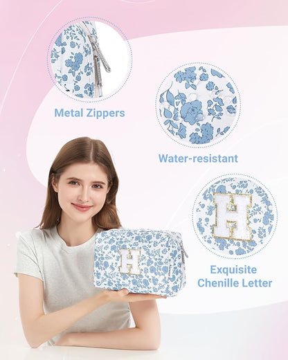 Narwey Birthday Gifts for Teen Girls Kids Women Personalized Initial Floral Makeup Bag Cute Cosmetic Trendy Stuff 6 8 10 11 12 13 14 16 18 Years Old Travel Toiletry Bag (Little Blue Flower H)