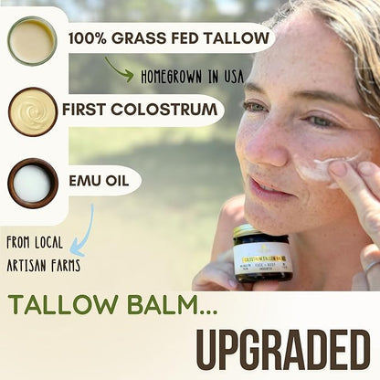 100% Grass Fed Tallow Balm with Colostrum & Emu Oil - Handmade Whipped Beef Tallow for Face and Body, Sensitive Skin Tallow Moisturizer made with True First Colostrum