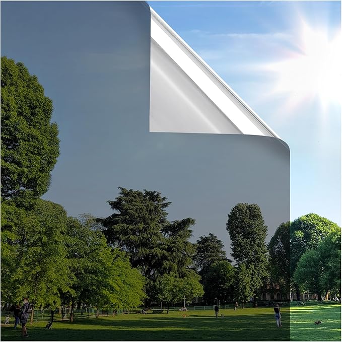 rabbitgoo Window Privacy Film One Way Window Tint for Home, Removable Reflective Heat Sun Blocking Anti UV Glass Door Covering, Mirror Tinting Film House Office, 23.6 in X 13.1 Feet, Black Silver