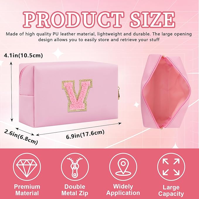 Iqimott Personalized Initial Letter Patch Makeup Bag, Preppy Small Chenille Letter Cosmetic Bag with Zipper, PU Leather Waterproof Travel Toiletry Bag Monogram Make Up Pouch for Women Girls(Letter V)