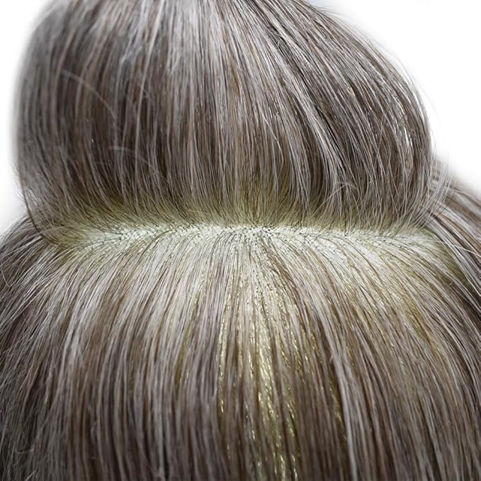 FACE MIRACLE Toupee for Men French Lace Hairpiece Human Hair Replacement System Skin PU Mens Toupee Hair Wigs for Man V-Looped Front Hair Prosthesis 8"X10" #450 4# MEDIUM BROWN WITH 50% SYNTHETIC GREY