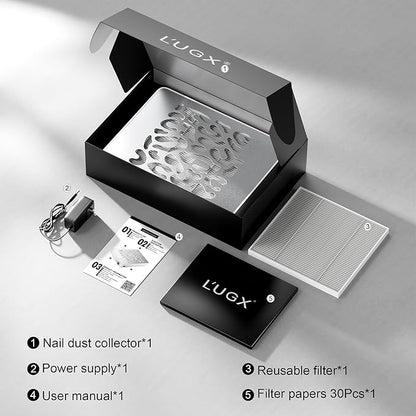 L'UGX Nail Dust Collector, Professional Dust Collector Nail Tech, Powerful Dust Suction Machine Manicure Pedicure Tool for Acrylic Nail Polishing, Low Noise, 30 Pcs Filter Papers