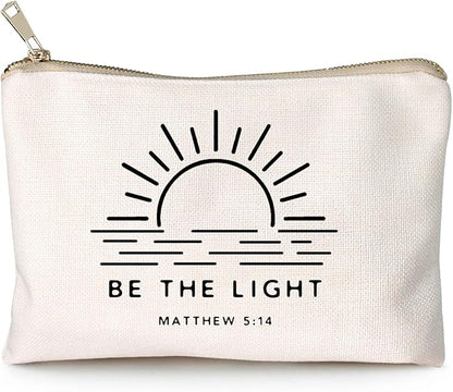Be The Light Matthew 5:14 Gift Makeup Case Believe Cosmetic Bag Self Love Religious Makeup Pouch Linen Cotton Bag Vintage Christian Bible Verse Sunshine Inspirational Gift