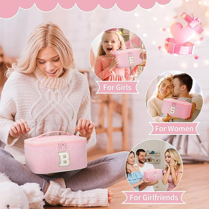 OCHEAL Makeup Bag for Women, Monogram Cosmetic Bag with Brush Holder, Pink Travel Makeup Case Beauty Toiletry Bag Organizer Personalized Gifts for Girls Bridesmaid, Sister, Wife, Friends Initial O