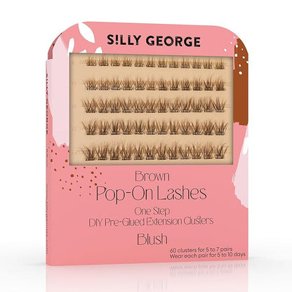 Silly George Pop-On Lashes - DIY 1-Step Pre-Glued Faux Eyelash Clusters, Natural Look Extensions, Brown - Blush, 5-7 Pair Set, Pack of 60 Clusters
