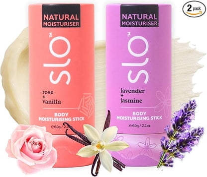 Slo Natural Moisturizing Stick | Body Balm with Organic Ingredients | Hydrating Nourishing | Coconut, Cocoa Butter & Antioxidants | Travel-Friendly | Rose Vanilla & Lavender Jasmine | 2x2.1oz/60g