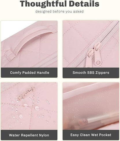 Hynes Eagle Travel Makeup Bag for Women Puffy Cosmetic Organizer Pouch Open Flat Toiletry Bag for Toiletries, Brushes Pink