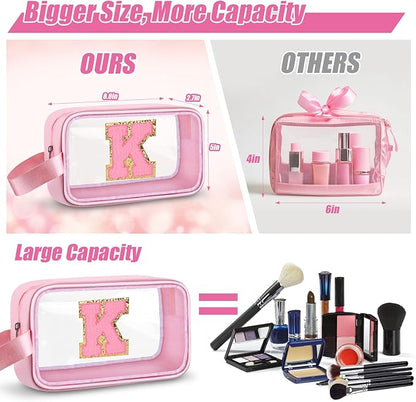 Initial Makeup Bag,Letter K Cute Clear Monogrammed Cosmetic Travel Bag for Womens Girls,Personalized Pink Aesthetic Traveling Make Up Organizer Bag for Beach,Waterproof Toiletry Bag