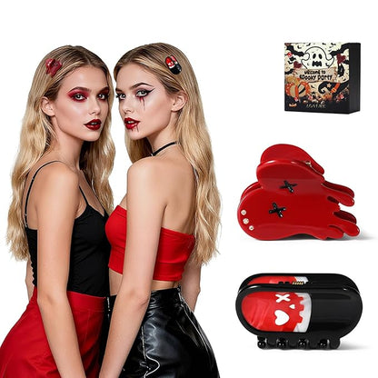 Italian Designer Original Acetate Hair Claw Clips for Women - Mini Cute Gothic Halloween Hair Accessories Bleeding Heart & Pill, Halloween Spooky, Plant-Based, Gift Boxed, 2-Pack