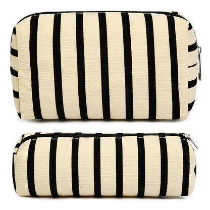 SOIDRAM Makeup Bag Corduroy Cosmetic Bag White Stripe Makeup Pouch 1Pcs Large Capacity Makeup Bags and 1Pcs Makeup Brushes Storage Bag Travel Toiletry Bag Organizer