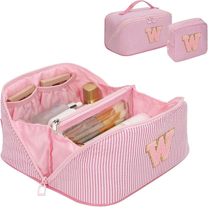 Travel Makeup Bag for Women, 2Pcs Portable Personalized Initial Makeup Organizer Bag, Open Flat Large Cosmetic Bag With Travel Essential Pouch (Pink Letter W)