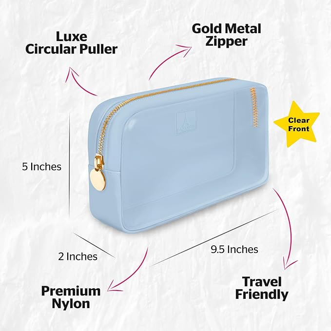 Small Clear Makeup Bag – Mini Pouch for Purse, Cosmetic Travel Case, Clear Cosmetic Bag, Light Blue Mini Makeup Bag, Compact Pouch for Purse