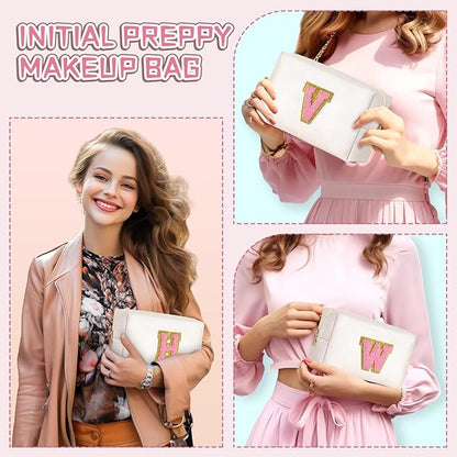 TOPEAST Preppy Makeup Bag, Small Cosmetic Travel Bags for Women, PU Leather Waterproof Toiletry Bag with Zipper, Personalized Birthday Gift for Women Girl, Preppy Gifts for Girl (Pearly White Y)