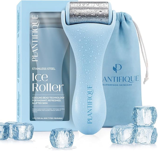 PLANTIFIQUE Facial Ice Roller - Puffiness Cryotherapy Skin Care Massage Tool - Stainless Steel Roller for Men & Women - Metal Massager for Face, Eyes and Body