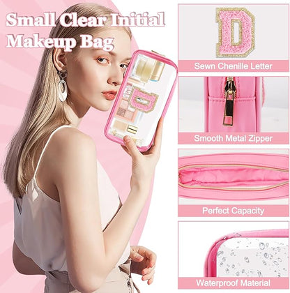 Small Clear Personalized Initial Makeup Bag,Nylon Preppy A-Z Chenille Letter Patch Cosmetic Pouch Beach Toiletry Bag,Waterproof Zipper Travel Purse Storage Bag Organizer for Women Girls(Pink-Pink D)
