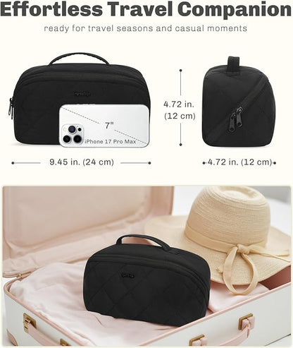 Hynes Eagle Travel Makeup Bag for Women Puffy Cosmetic Organizer Pouch Open Flat Toiletry Bag for Toiletries, Brushes Black