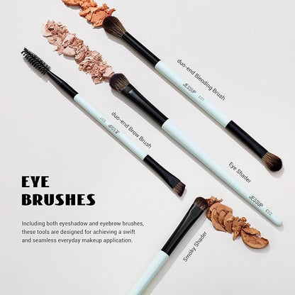 Jessup Makeup Brush Set 6pcs Double Sided Makeup Brushes Foundation Contour Blush Highlight Blending Eyebrow Brush Eyeshadow Brush, Vegan Fiber Make up Brush Bright Cyan T501