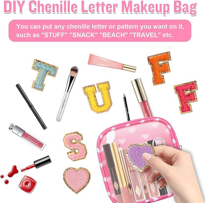 Mini Clear Travel Makeup Organizer Bag for Purse, Small Cute Preppy Pink Makeup Bag Cosmetic Zipper Pouch Purse, Transparent PVC & Nylon Waterproof Toiletry Storage Clutch for Women Girls(Pink Heart)