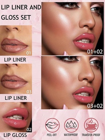 Peel Off Tattoo Lip Liner Stain Lip Gloss Combo Sets, 2 Colors Rose Pink Brown Matte Lip Liner and Nourishing Lip Gloss Tint Stain Kit, Long Lasting Waterproof Non Sticky Liquid Lipstick Makeup-Set 02