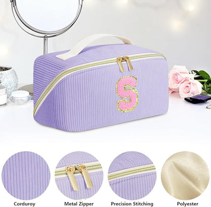 Personalized Initial Makeup Bag,Christmas Gifts for Girl,Preppy Bag Cosmetic Travel Bag Women,Travel Toiletry Organizer,Large Capacity Corduroy Stuff Bag,Cute Cosmetic Pouch Skincare Bag-U