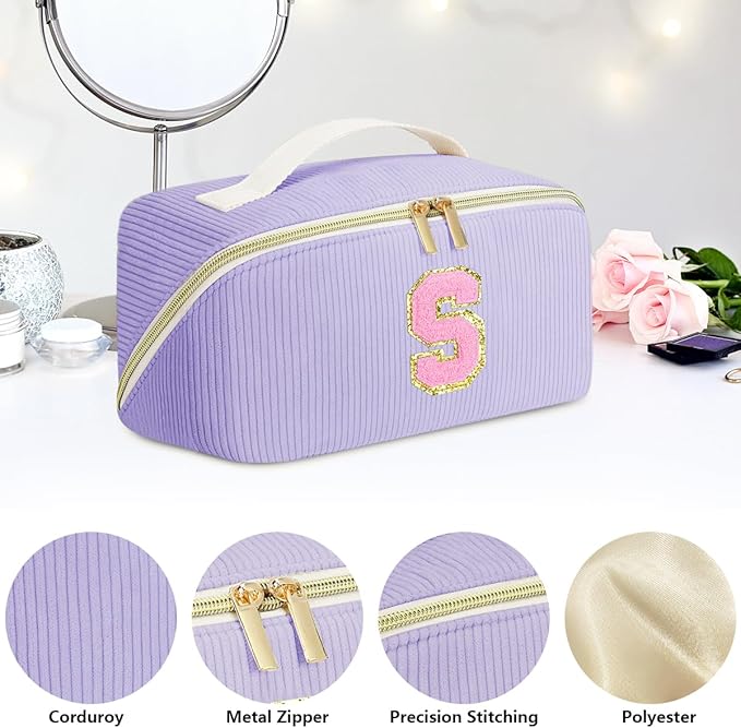 Personalized Initial Makeup Bag,Christmas Gifts for Girl,Preppy Bag Cosmetic Travel Bag Women,Travel Toiletry Organizer,Large Capacity Corduroy Stuff Bag,Cute Cosmetic Pouch Skincare Bag-Q