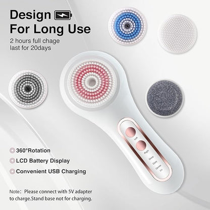 Face Scrubber Exfoliator, Rechargeable Facial Cleansing Brush with 2-Way Rotation & 3 Modes, 30-Day Runtime, 5 Brush Heads for SPA-Level Care, IPX7 Waterproof, Deep Cleaning for All Skin Types
