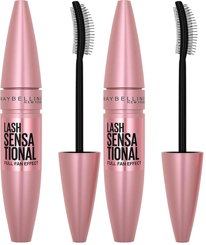 Maybelline Lash Sensational Mascara, Lengthening and Volumizing | Very Black | Washable | Full Fan Effect | Pack of 2