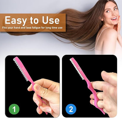 Hair Razors For Cutting Hair 6.89",Hair Cutting Razor Professional Texturizing Cutting Razor with Replacement Stainless Steel Blades,Ideal for Salon/Home -11PCS Pink