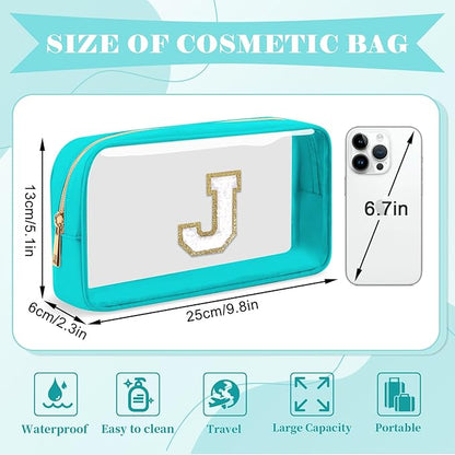 Personalized Initial Letter Clear Makeup Bag,Preppy Small Nylon&PVC Cosmetic Zipper Bag with Chenille Letter,Portable Beach Travel Skincare Toiletry Bag,Trendy Monogram Gift for Teen Girls Women,J