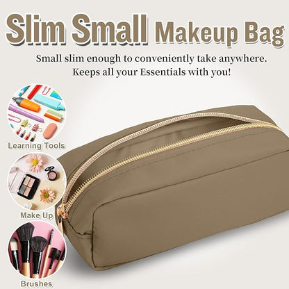 IZUZTA Nylon Slim Makeup Bag, Preppy Cute Makeup Brush Case Bag, Waterproof Travel Toiletry Bag Clutch Coin Pouch Make Up Organizer for Women Girls (Khaki)