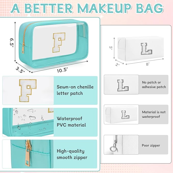 Personalized Initial Clear Makeup Bag, Travel Chenille Patch Cosmetic Bag, Preppy Toiletry Bag Monogram Cosmetic Pouch with Zipper, Ideal Gift for Teen Girls Women (Clear-Green, F)