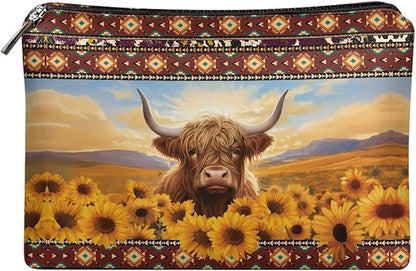 COEQINE Sunflower Purse Leather Cosmetic Wallet for Women Western Party Bag Elehant Cosmetic Pouch With Zipper Cute Highland Cow Purses Cosmetic Wallet for Travel Birthday Party