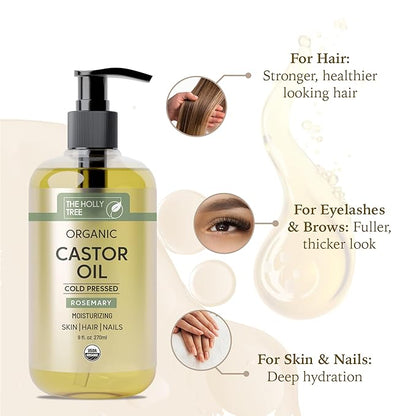 Organic Castor Oil 9 fl oz - Rosemary Infused Cold Pressed - 100% Pure & Hexane Free - Castor Oil for Hair Growth - Moisturizing & Nourishing for Face & Body - The Holly Tree