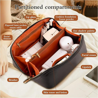 Abiudeng Travel Makeup Bag,Large Capacity Toiletry Bag Cosmetic Bags for Travel Essentials,Waterproof Portable Pouch Open Flat Makeup bag Organizer with Divider and Handle-black