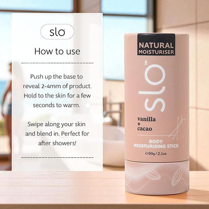Slo Natural Moisturizing Stick | Body Balm for Dry Skin with Organic Ingredients | Hydrating + Nourishing | Coconut, Cocoa Butter & Antioxidants | Travel-Friendly | Vanilla + Cacao | 2.11oz/60g