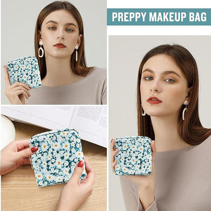 Nylon Mini Floral Makeup Bag for Purse, Small Cute Travel Makeup Bag Preppy Flower Cosmetic Zipper Pouch, Waterproof Coin Pouch Sanitary Napkin Storage Bag Make Up Organizer Set for Women(Green-Daisy)