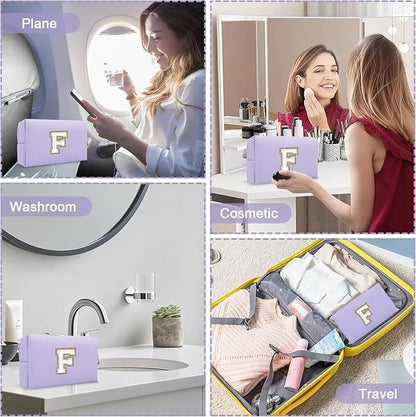 Personalized Small Initial Preppy Makeup Bag, Purple Cute Cosmetic Organizer Chenille Letter Travel Toiletry Zipper Pouch,Portable Waterproof Makeup Case Friendship Gift for Families Friends(Letter F)