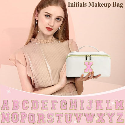 for Christmas Day Gifts, Makeup Bag for Women, PU Leather Travel Toiletry Bags, Initial Make Up Cosmetic Pouch for Teen Girls, Wide Open Portable Skincare Bag, Personalized Birthday Gifts, White A