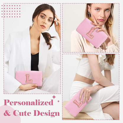 Personalized Initial A-Z Preppy Patch Makeup Bag,Small PU Leather Chenille Letter Cosmetic Bag with Zipper for Teen Girls,Pink Cute Travel Toiletry Bag,Birthday Monogrammed Gift for Daughter,Letter L